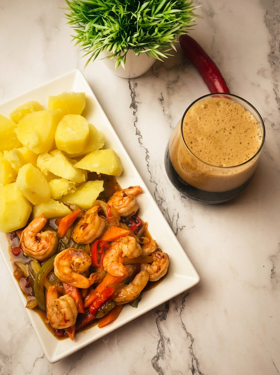 Peppered shrimp stir-fry with boiled potatoes