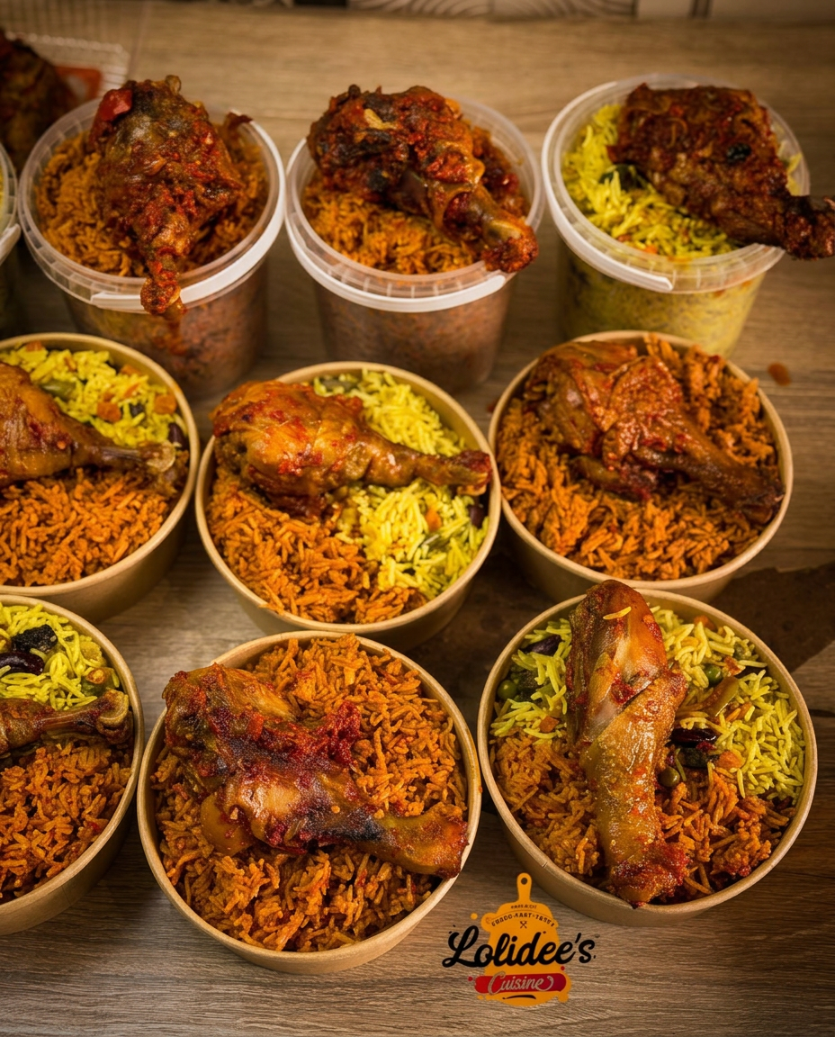 Signature jollof and fried rice bowls with peppered chicken