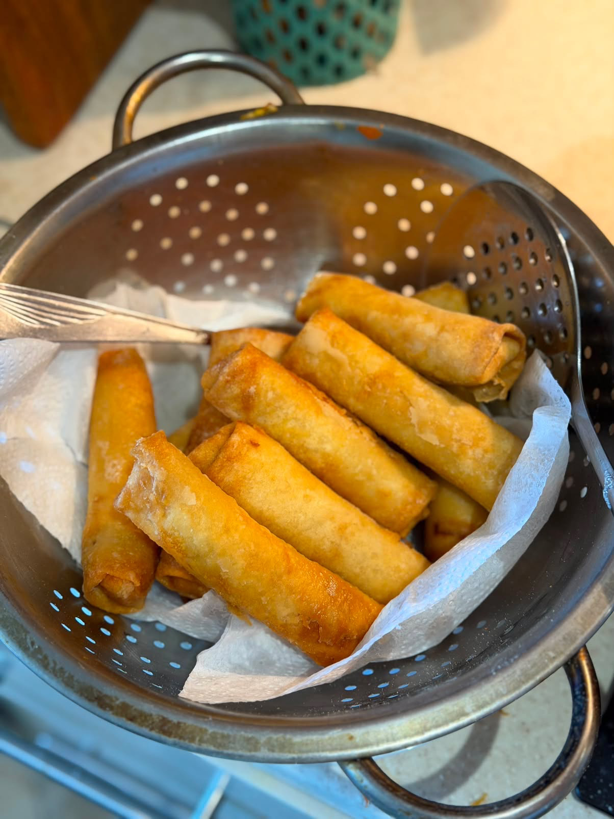 Crispy golden spring rolls fresh from the fryer