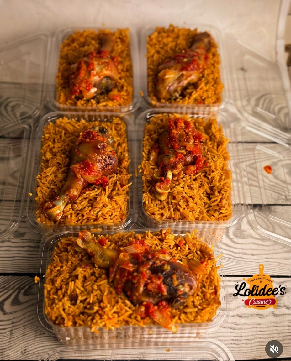 Jollof rice takeaway packs with peppered chicken